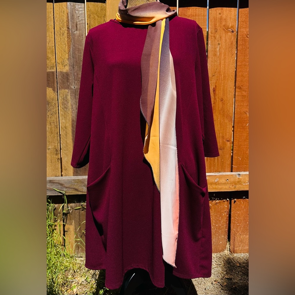Nina Leonard Burgundy Dress/Long Tunic Top with Pockets & Lovely Scarf